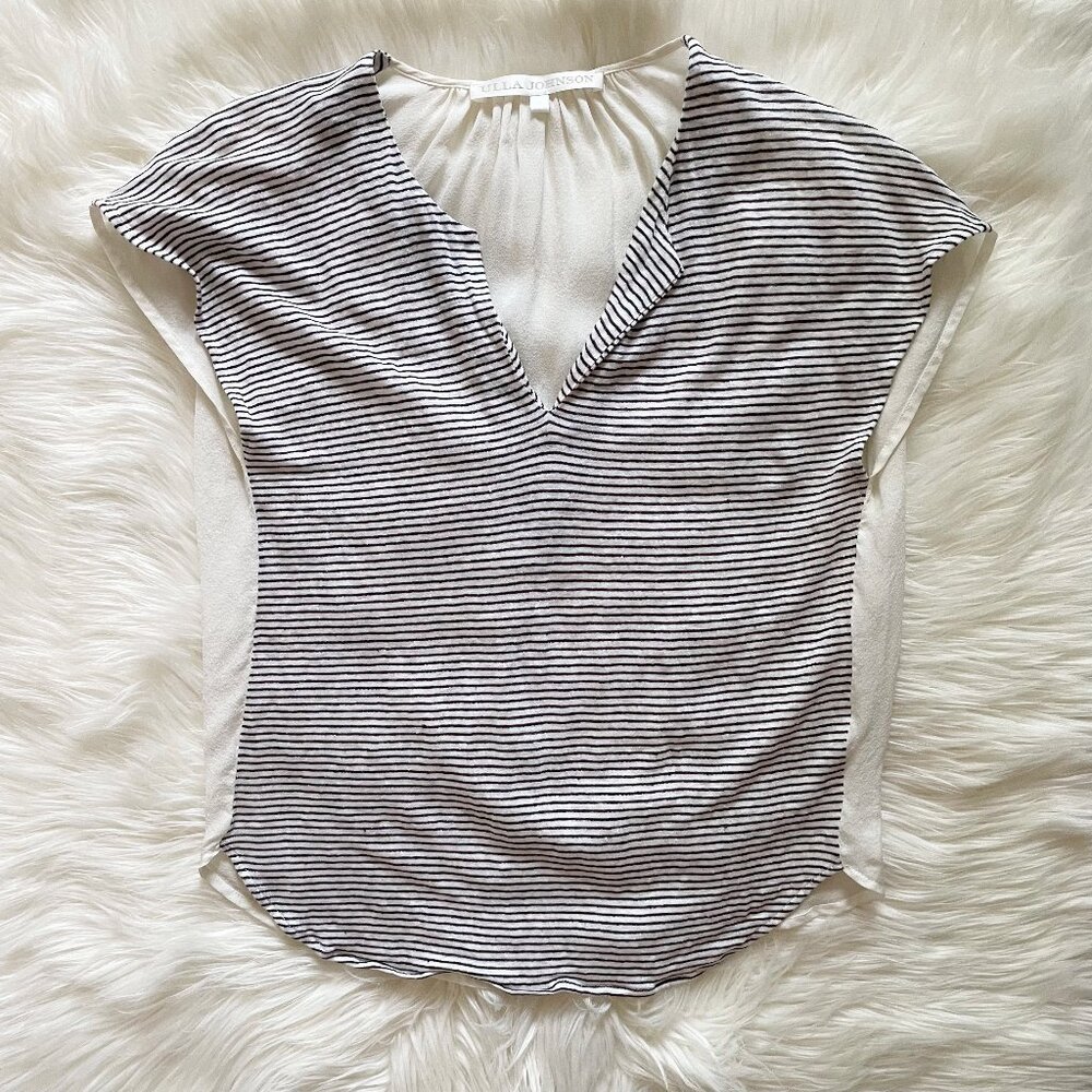 Ulla Johnson White Black Gray Stripe Sheer V-Neck Short Sleeve Blouse